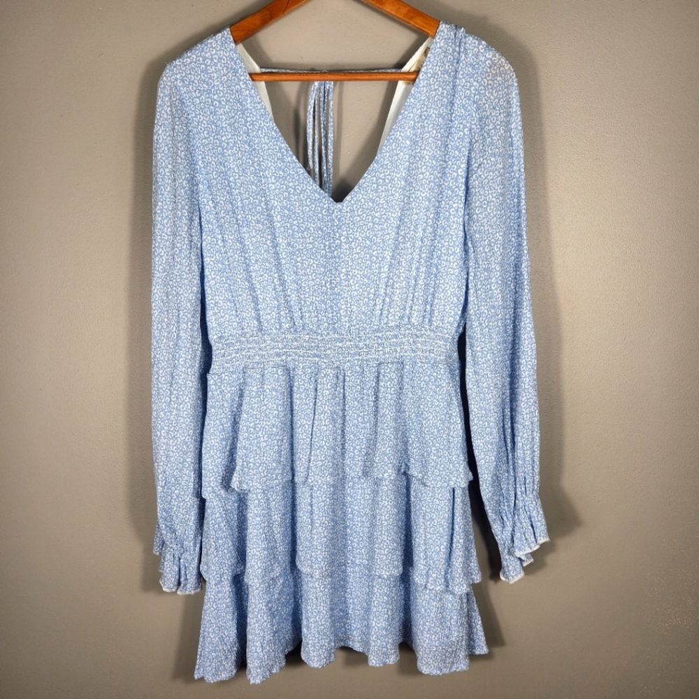 ALTAR'D STATE | Women's light-blue and white leopard-print tiered dress Size M